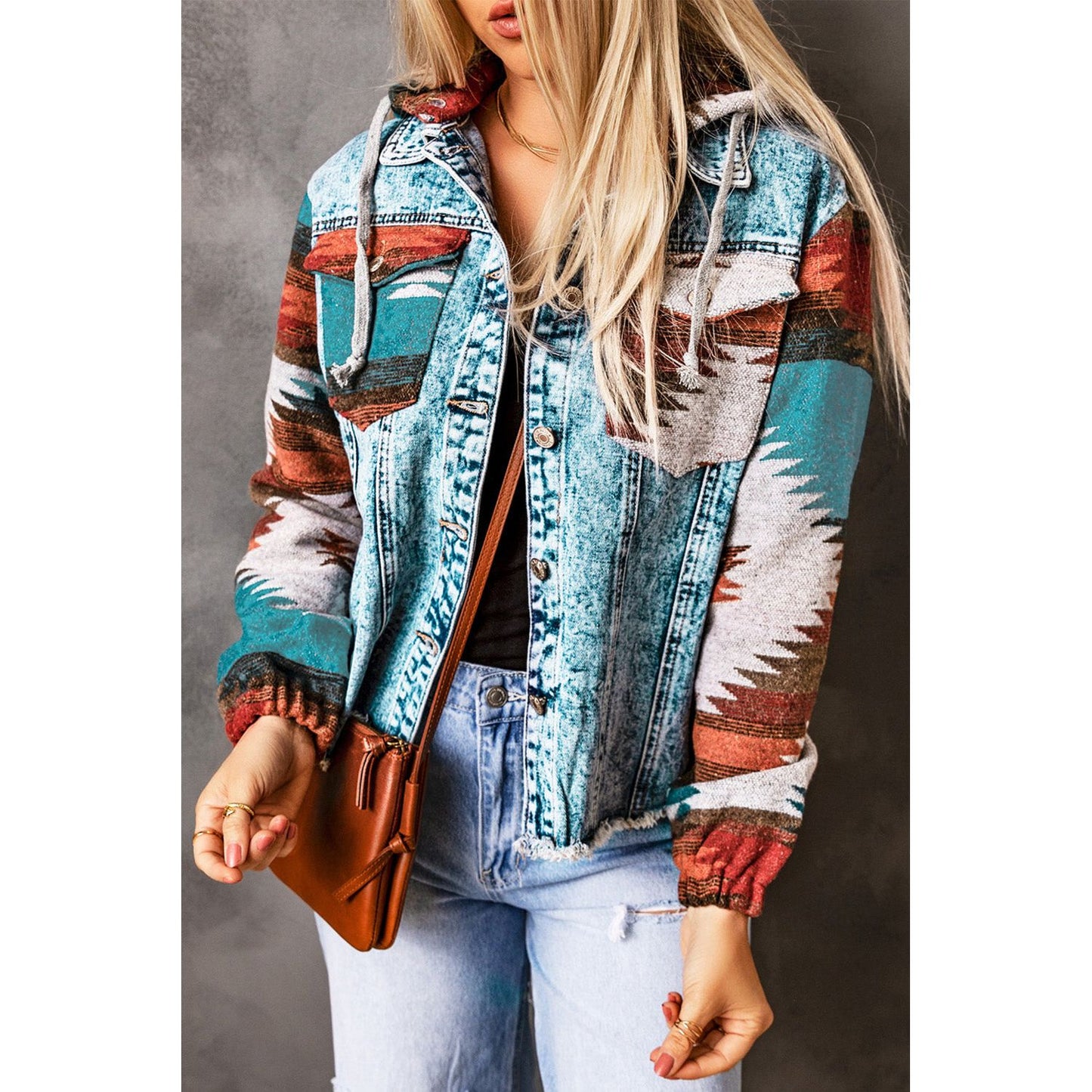 Drawstring Hooded Pocketed Denim Jacket
