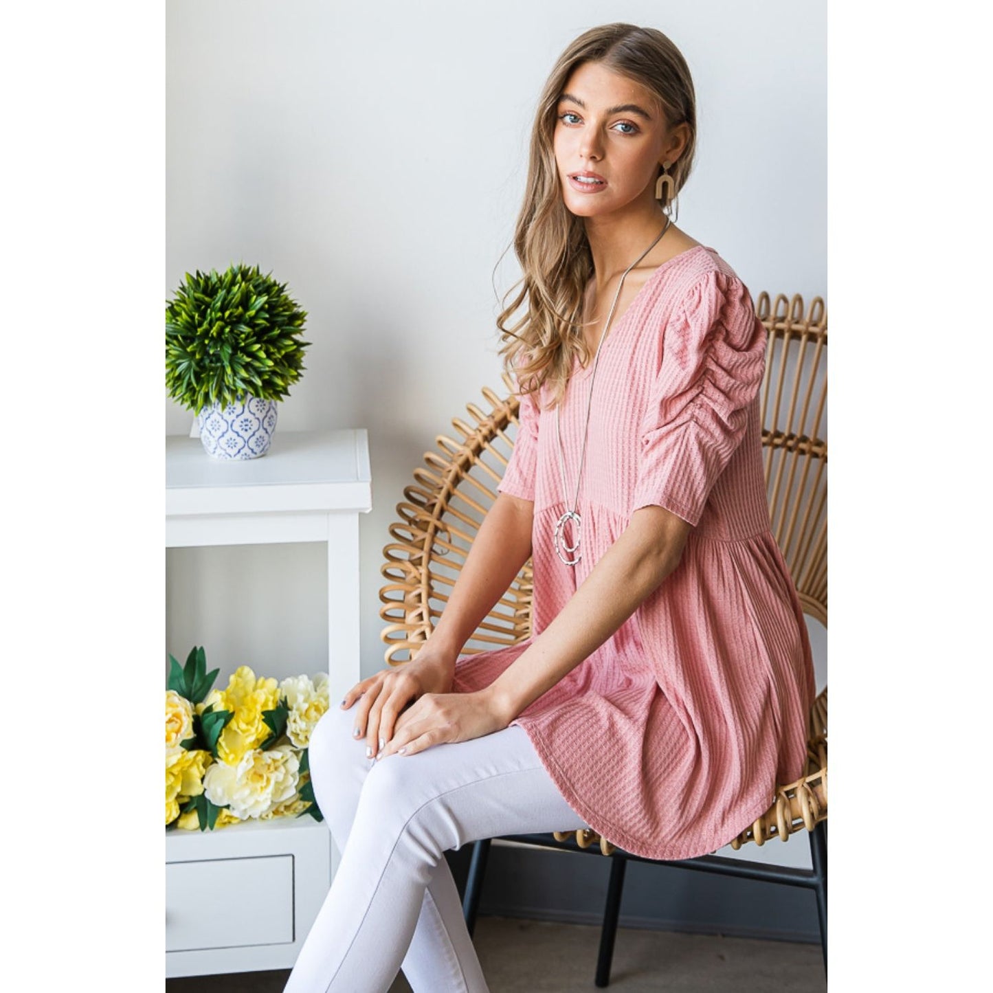 Heimish Full Size Waffle Knit V-Neck Babydoll Top