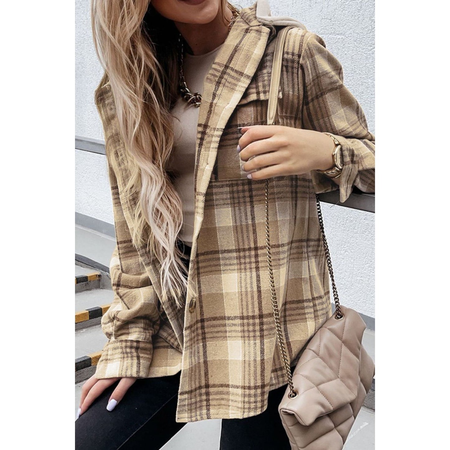 Plaid Button Up Long Sleeve Hooded Jacket
