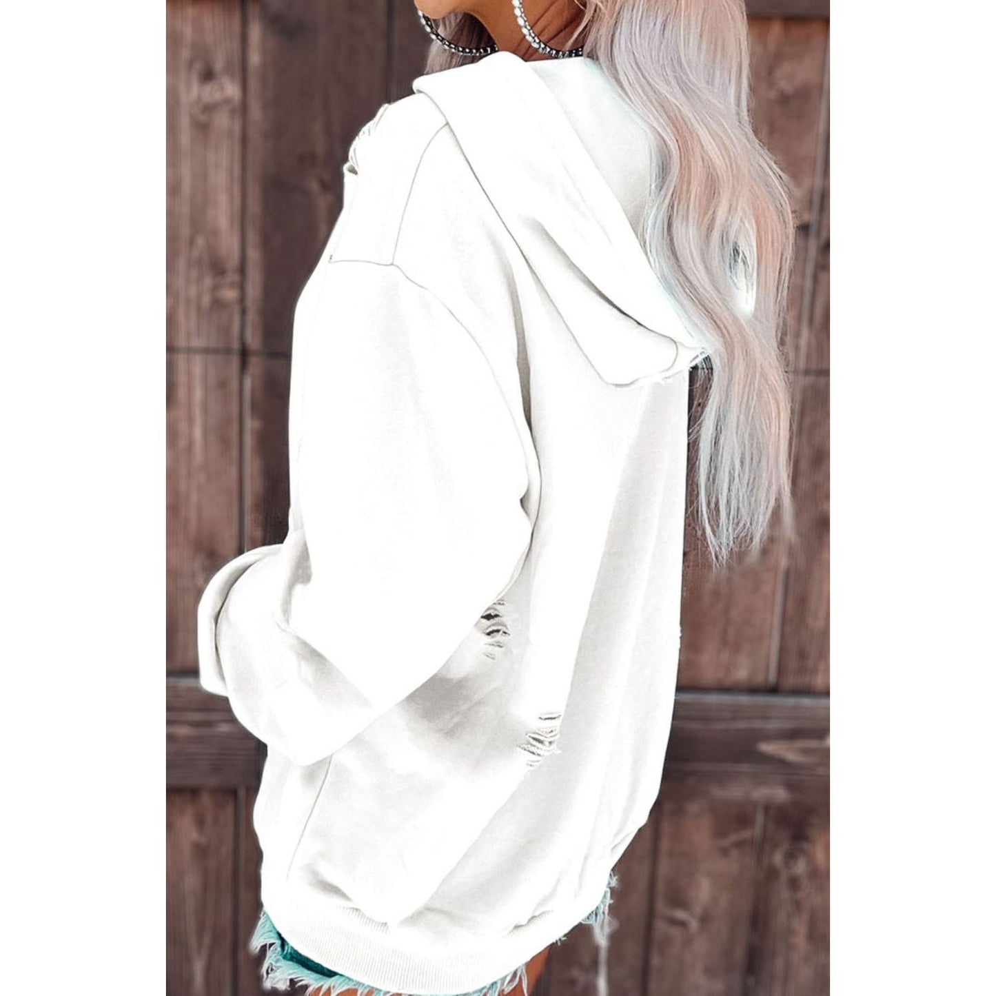 Distressed Drawstring Long Sleeve Hoodie