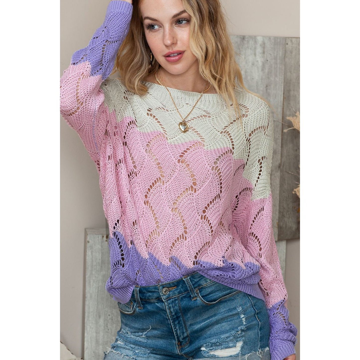 Color Block Hollow Boat Neck Sweater