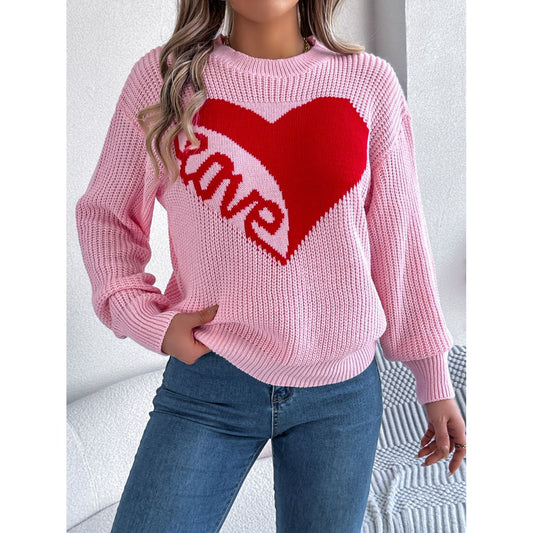 LOVE Heart Round Neck Dropped Shoulder Sweater