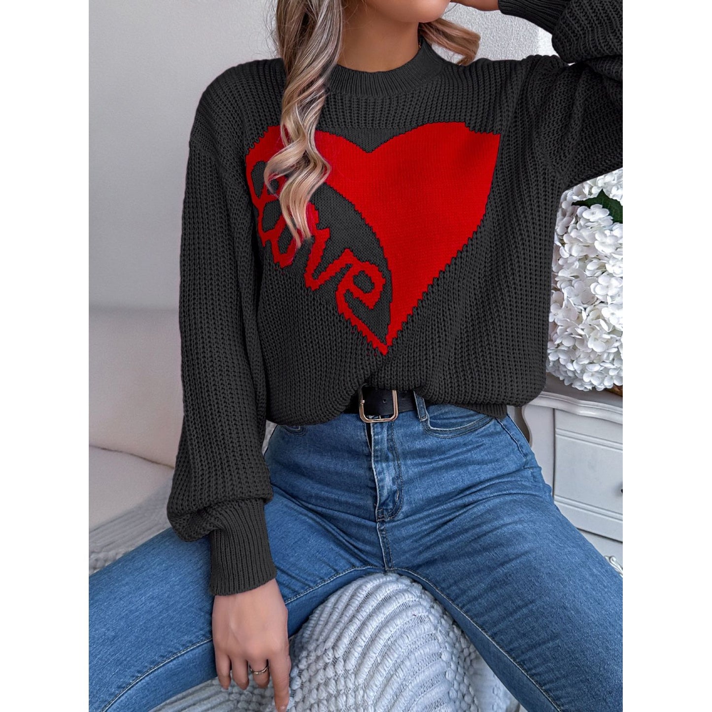LOVE Heart Round Neck Dropped Shoulder Sweater