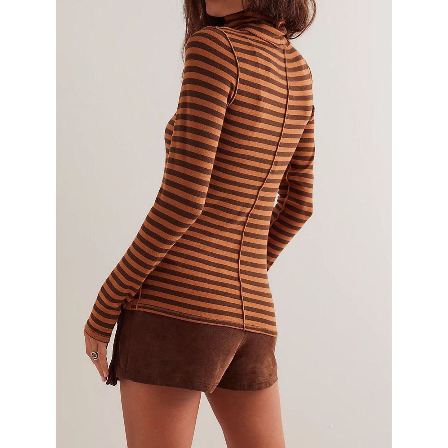 Exposed Seam Striped Turtleneck Long Sleeve T-Shirt