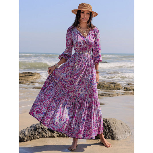 Printed Tie Neck Balloon Sleeve Maxi Dress