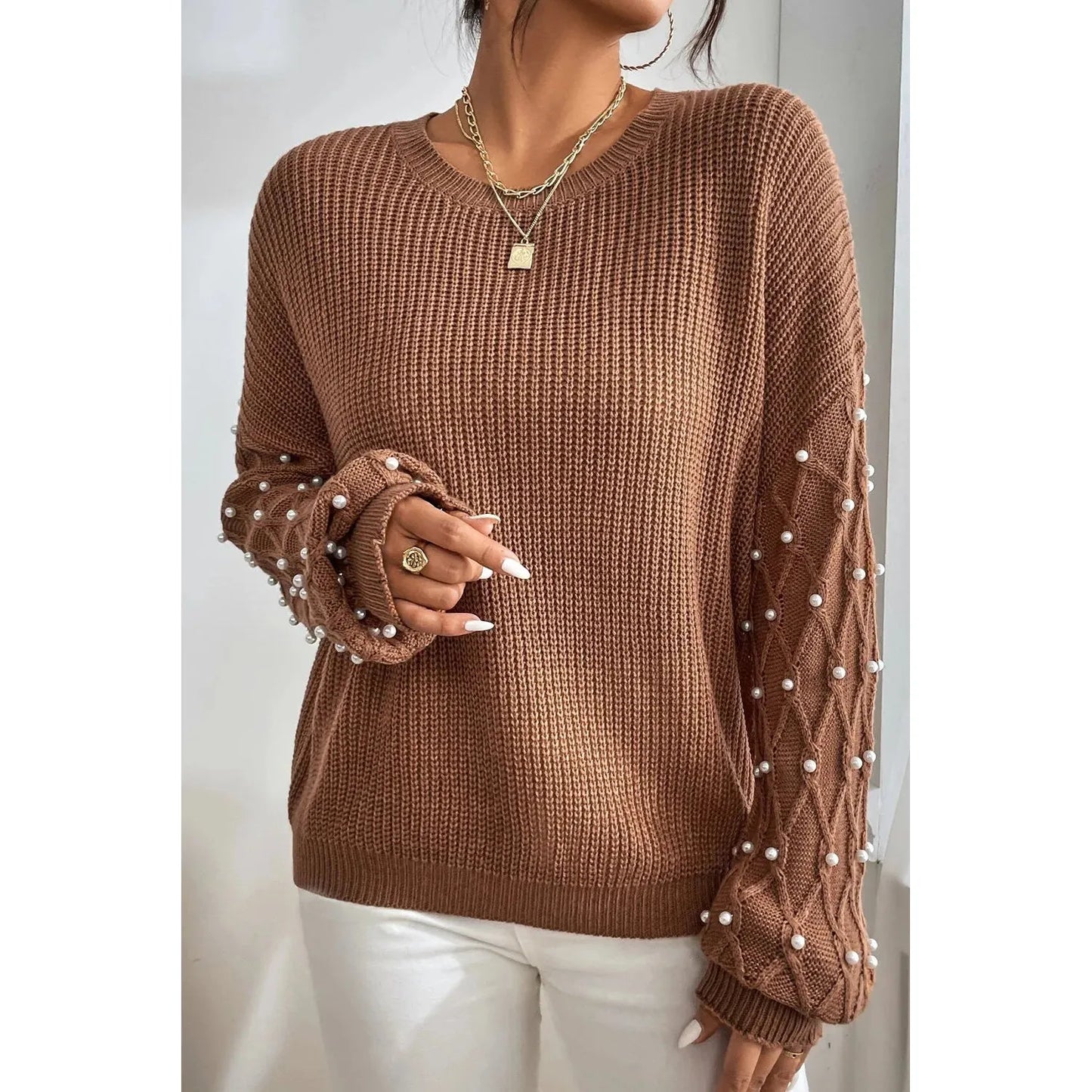 Pearl Detail Round Neck Long Sleeve Sweater