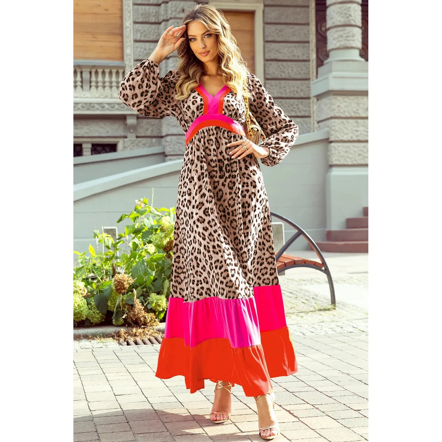 Leopard V-Neck Long Sleeve Maxi Dress