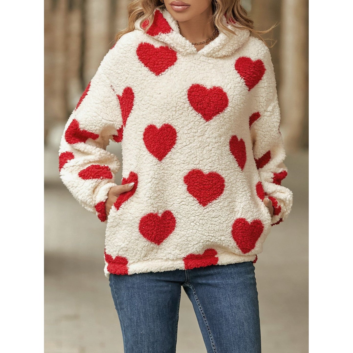 Fuzzy Heart Pocketed Dropped Shoulder Hoodie