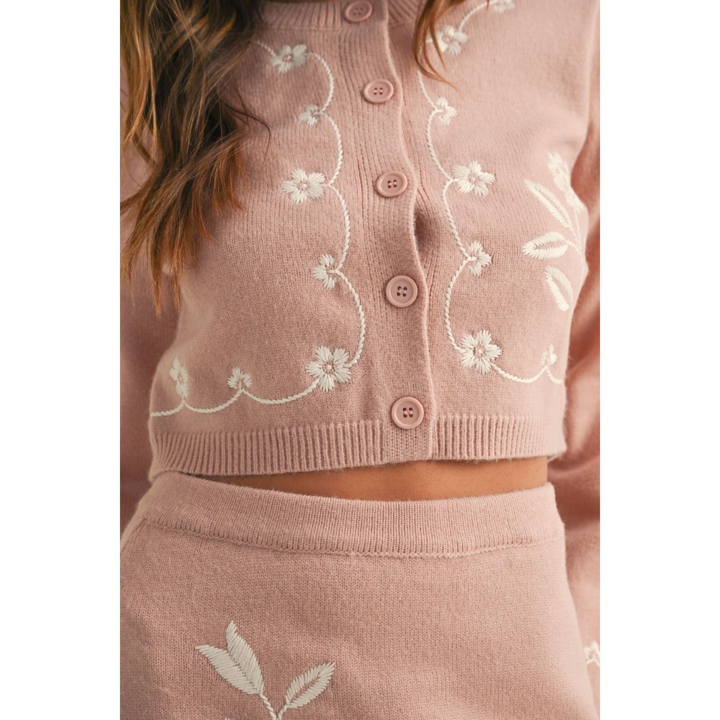 MABLE Floral Embroidered Crop Cardigan and Ruffled Mini Skirt Set