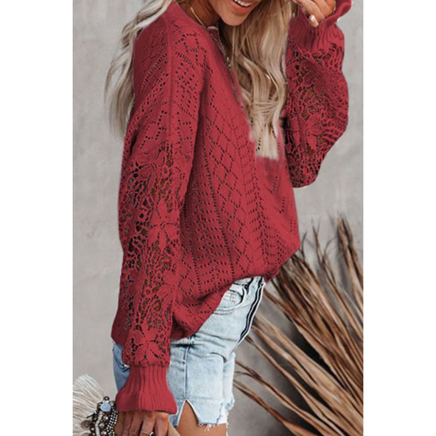 Openwork Round Neck Long Sleeve Sweater