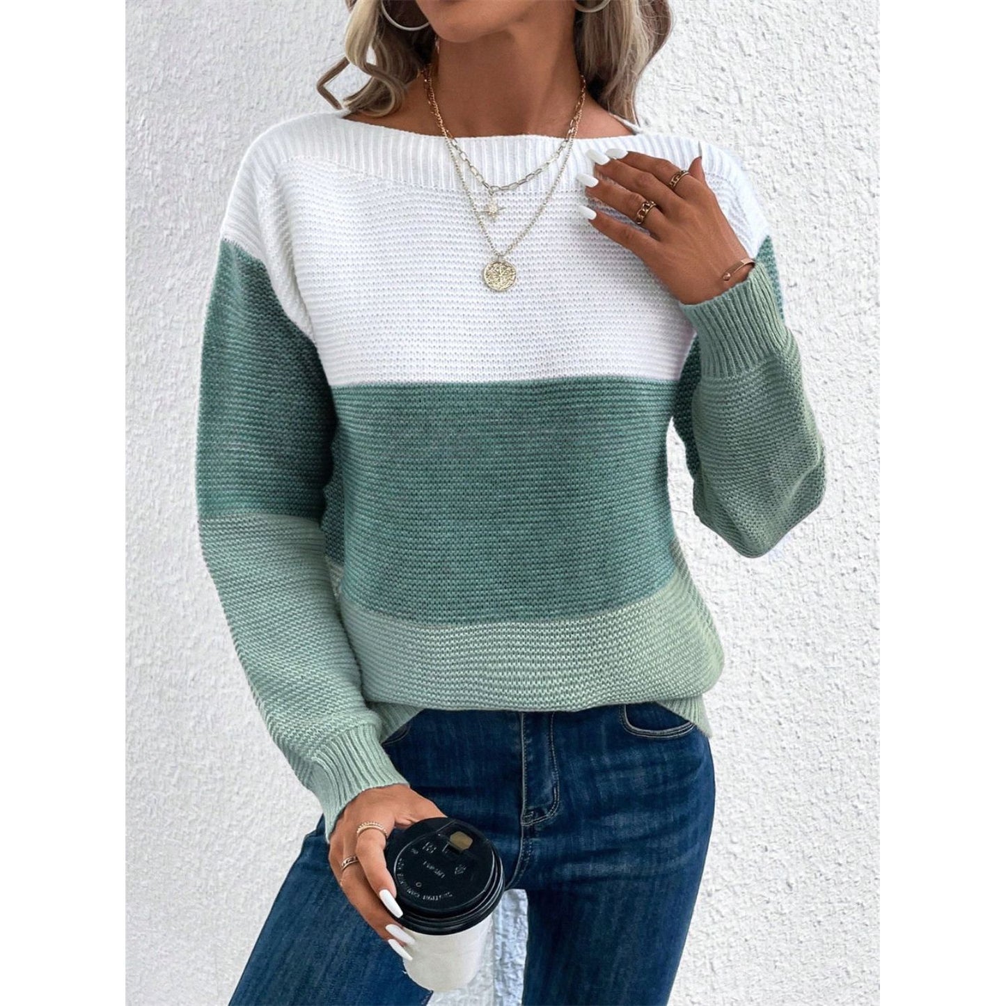 Color Block Drop Shoulder Long Sleeve Sweater