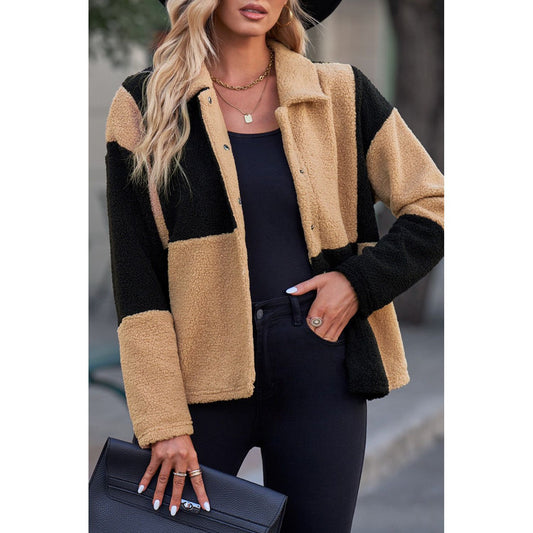 Color Block Snap Down Collared Neck Jacket