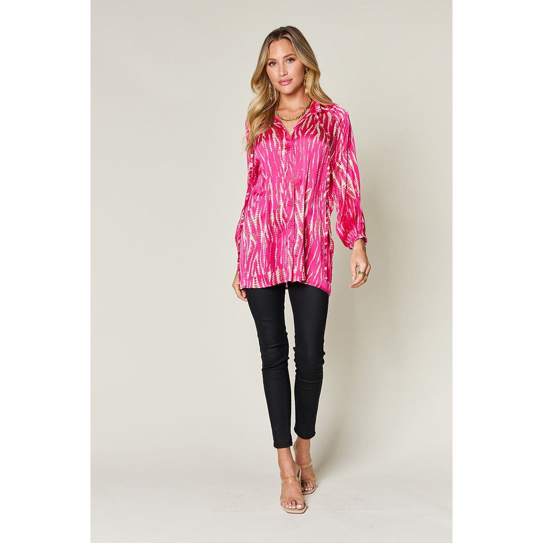 Double Take Full Size Printed Button Up Long Sleeve Shirt