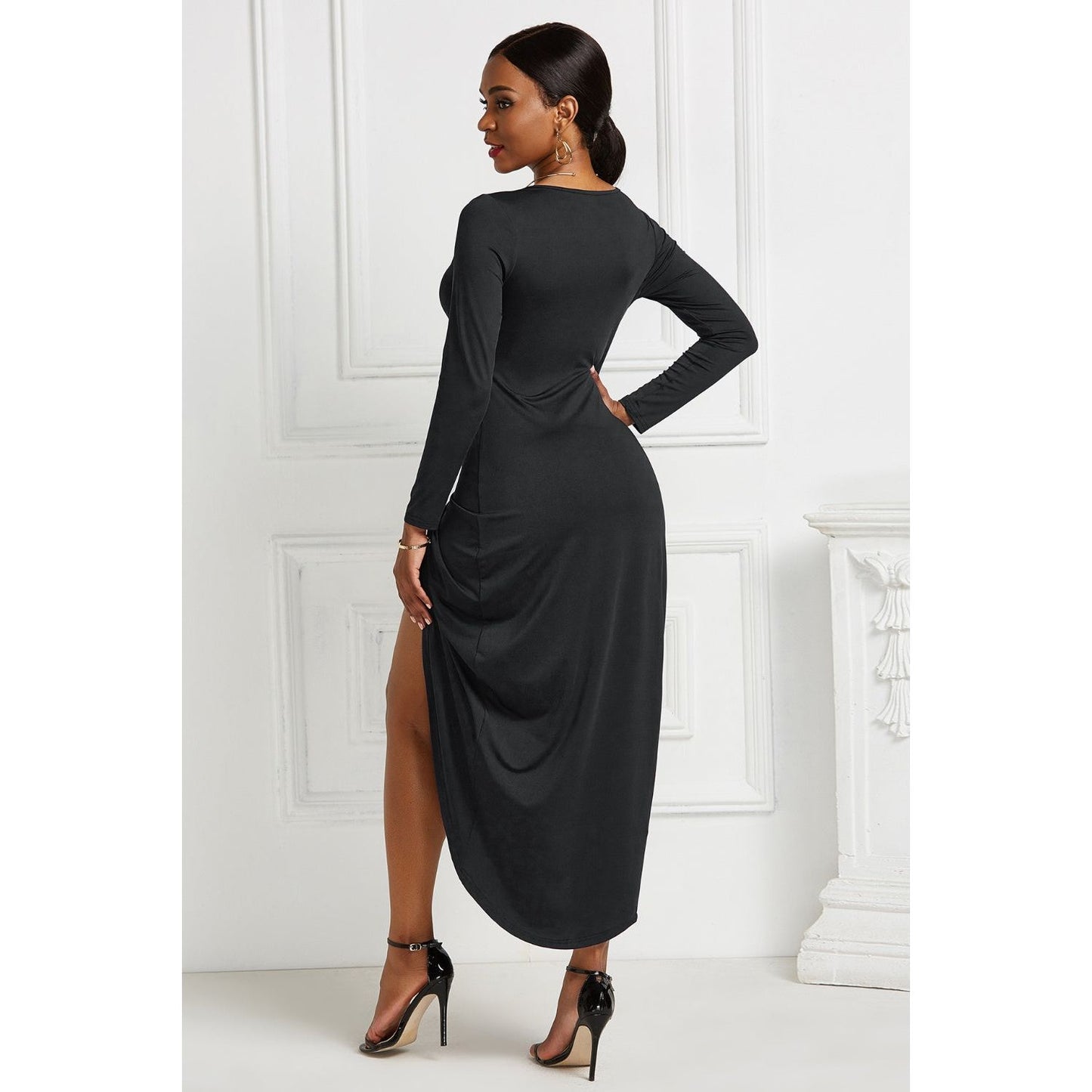 High-low Ruched Surplice Long Sleeve Dress
