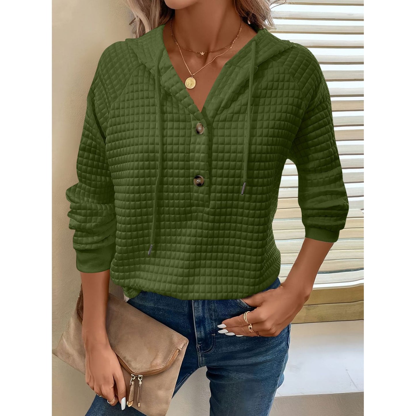 Full Size Texture Button Detail Drawstring Long Sleeve Hoodie