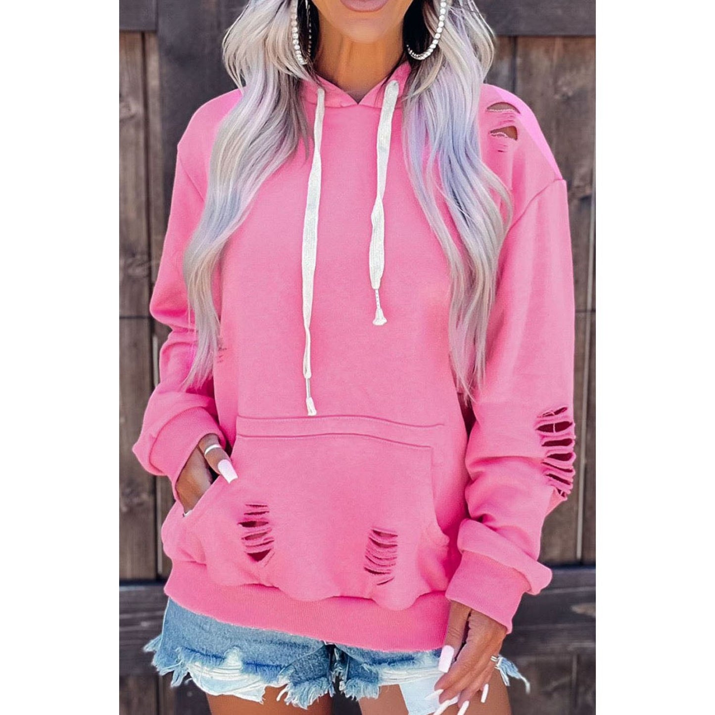 Distressed Drawstring Long Sleeve Hoodie