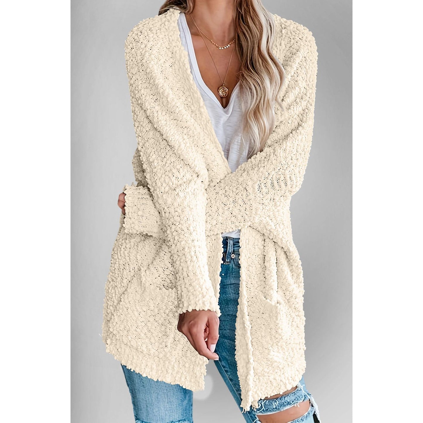 Double Take Pocketed Open Front Long Sleeve Cardigan