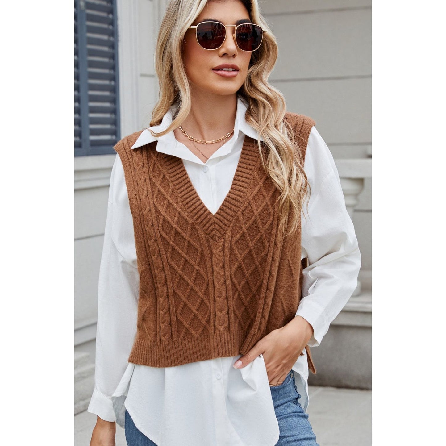 Cable-Knit V-Neck Sweater Vest