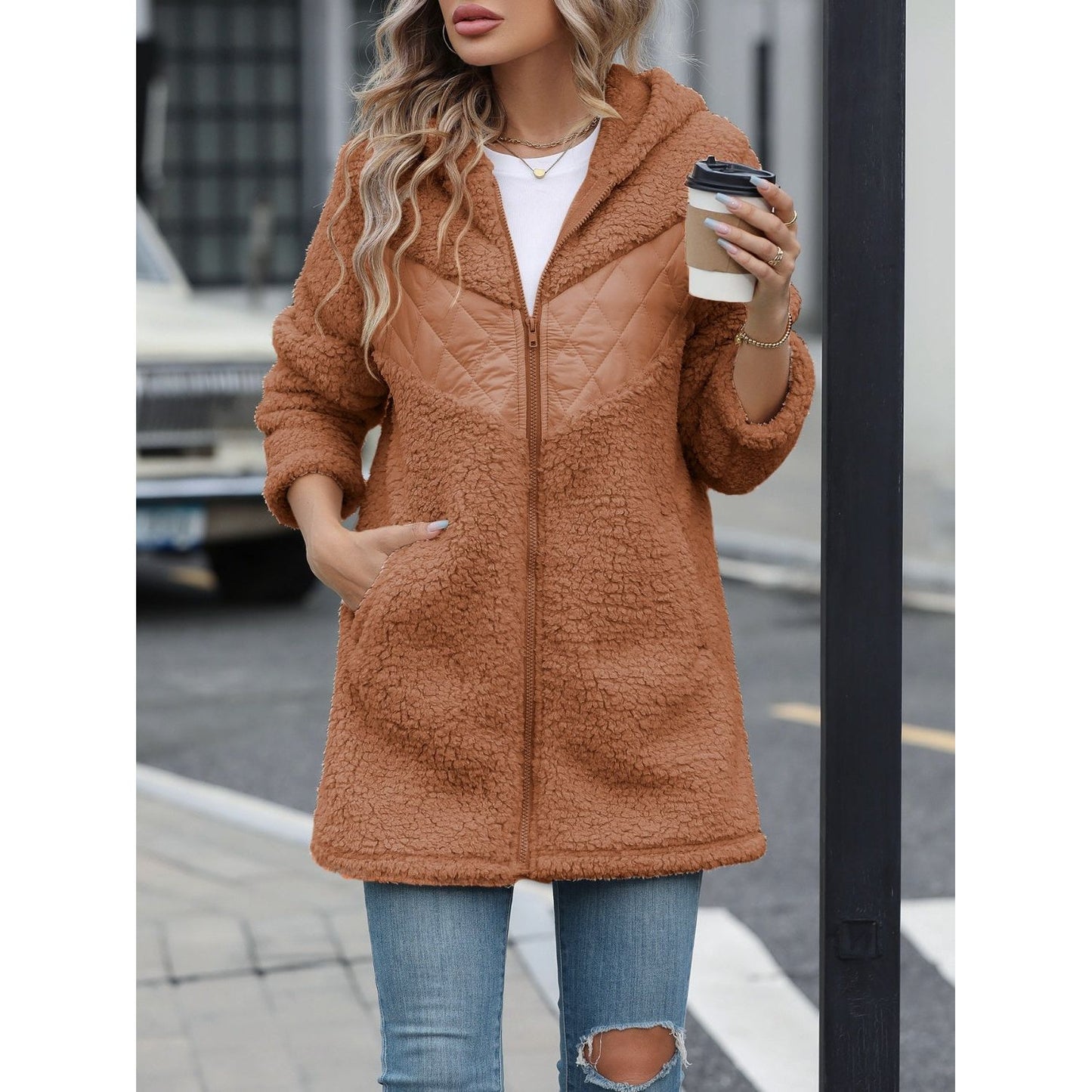 Fuzzy Zip Up Long Sleeve Hooded Jacket