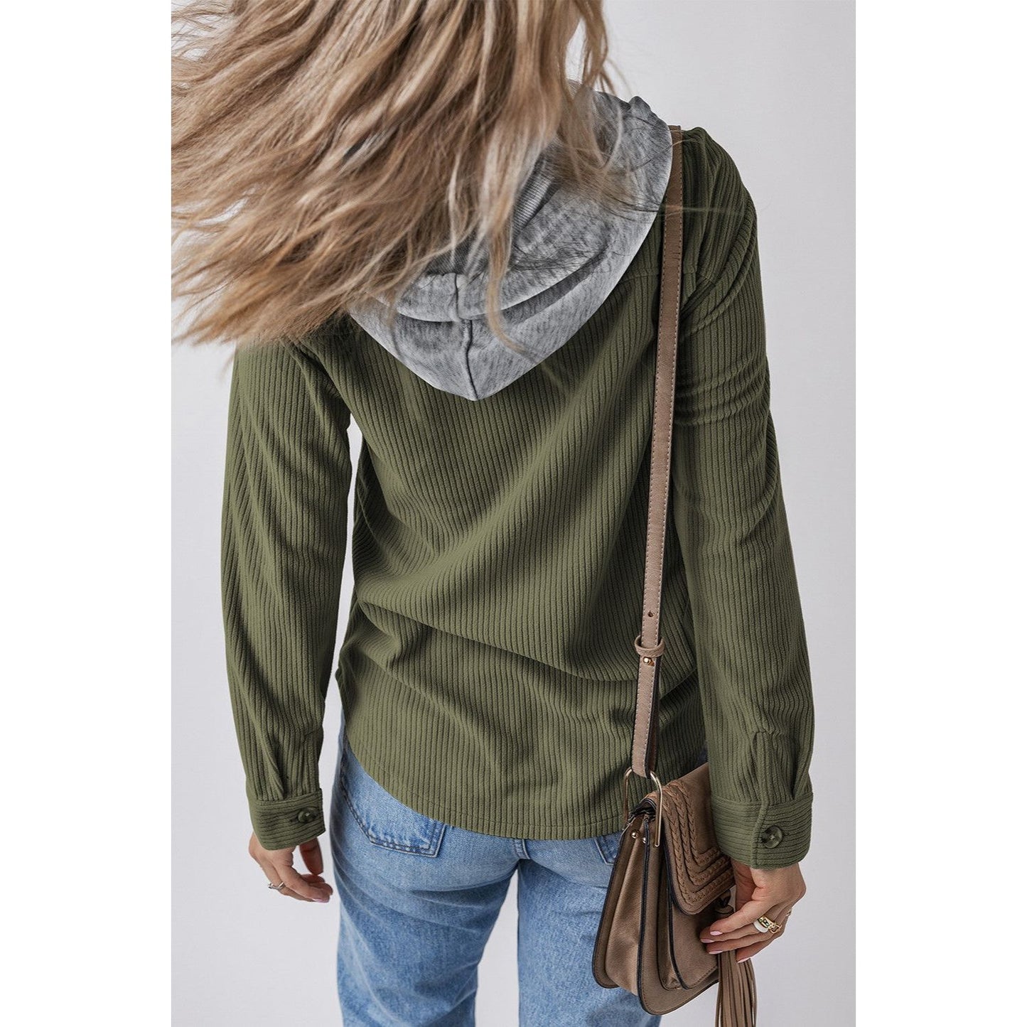 Drawstring Button Up Long Sleeve Hooded Jacket