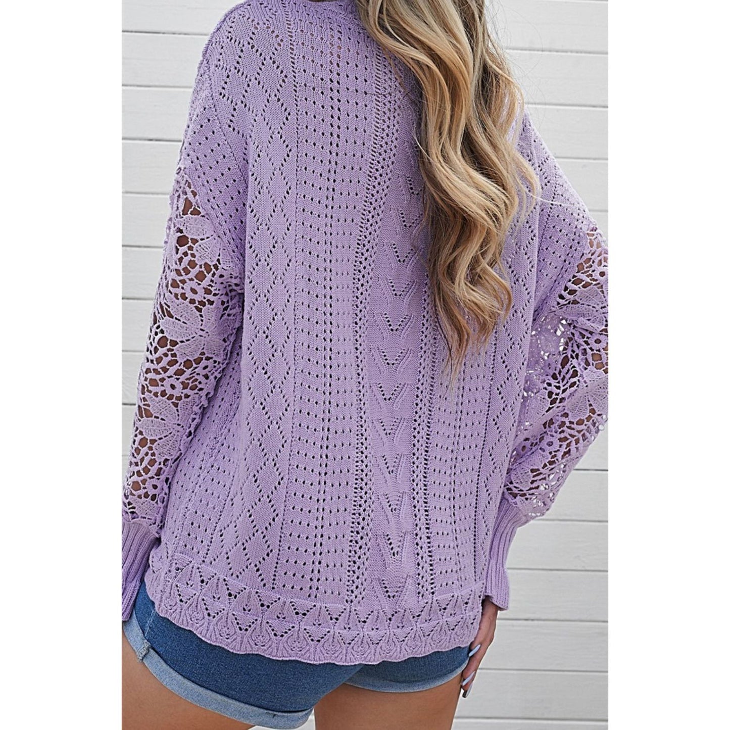 Openwork Round Neck Long Sleeve Sweater