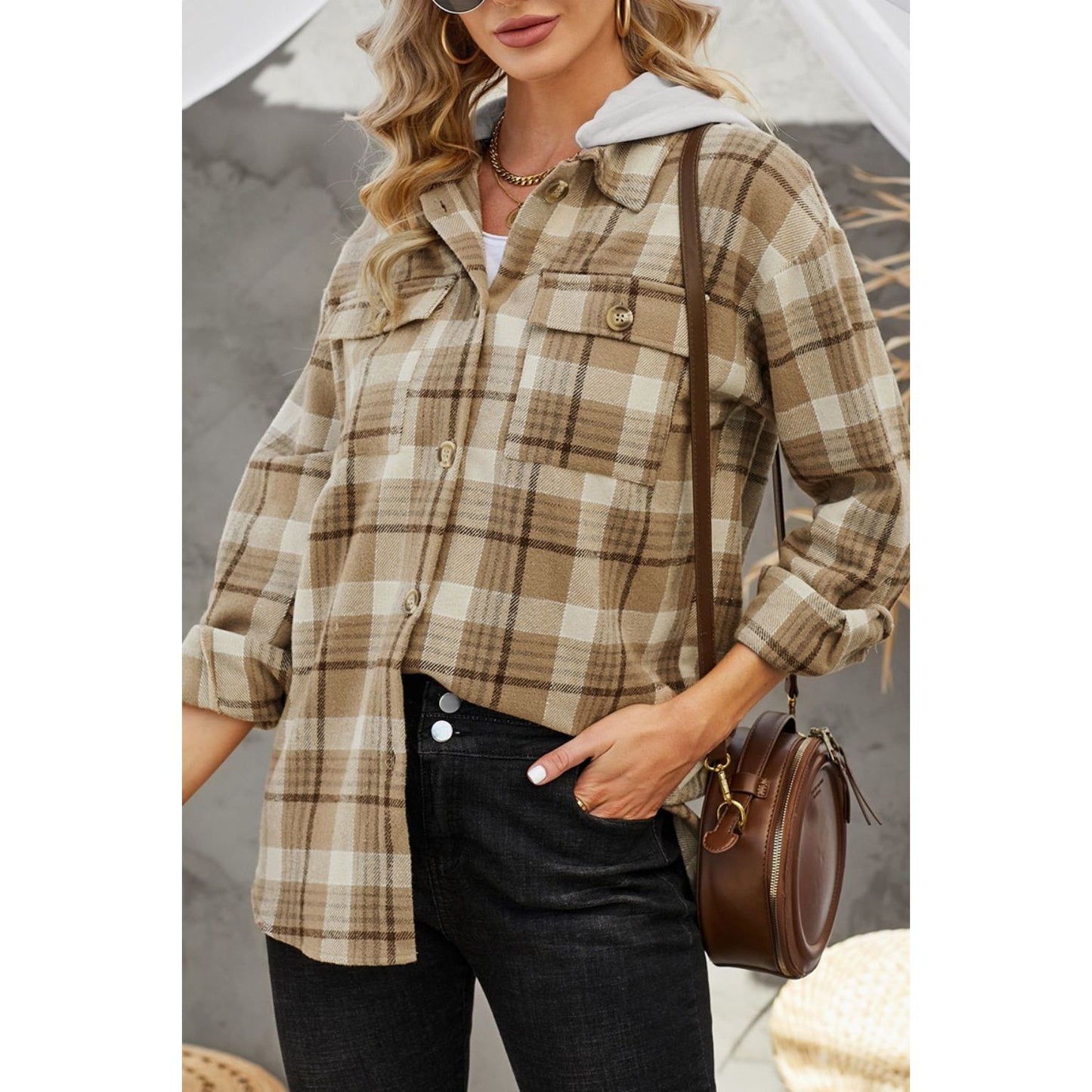 Plaid Button Up Long Sleeve Hooded Jacket