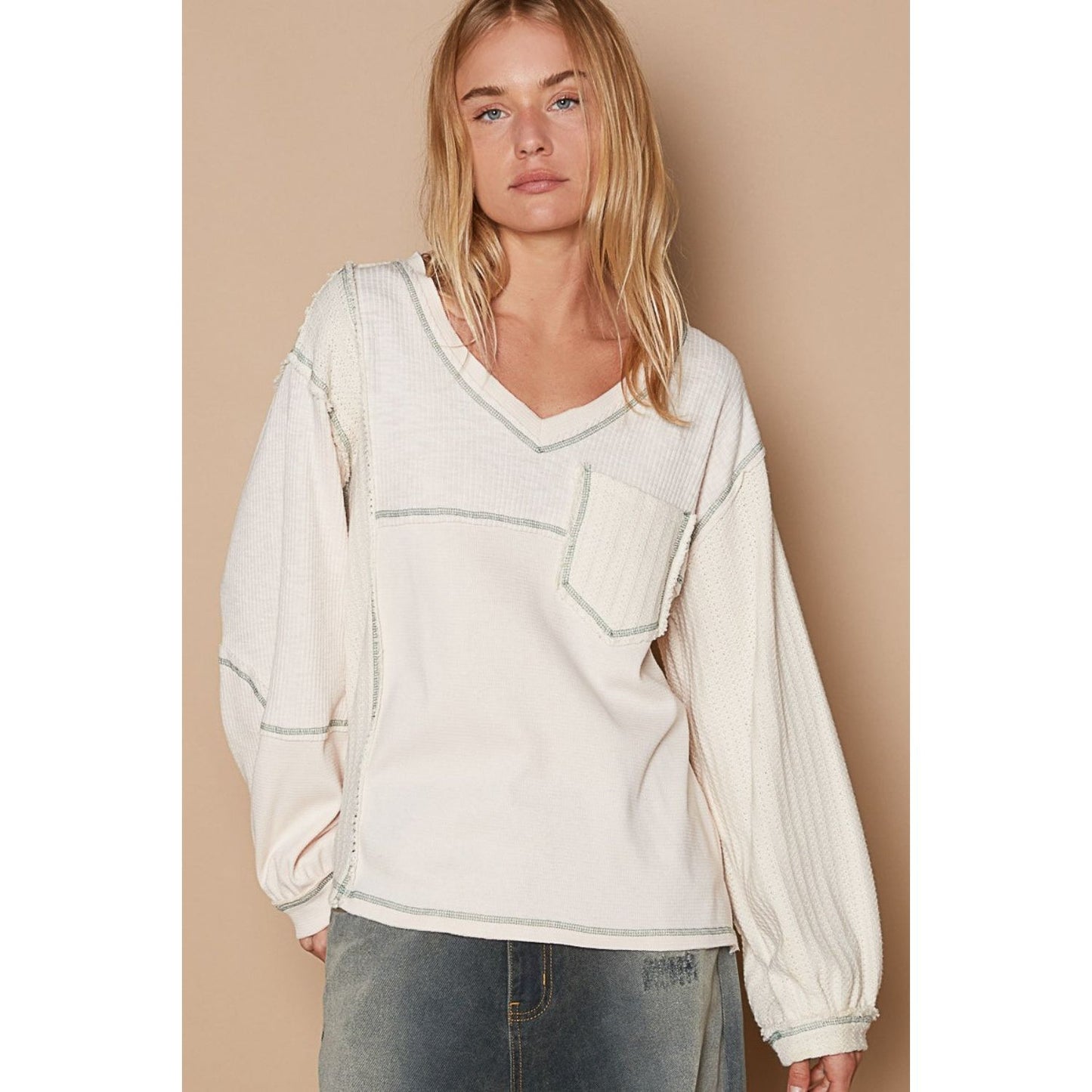 POL V-Neck knit Panel Exposed Seam Top