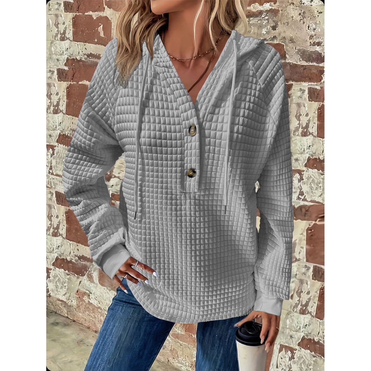 Full Size Texture Button Detail Drawstring Long Sleeve Hoodie