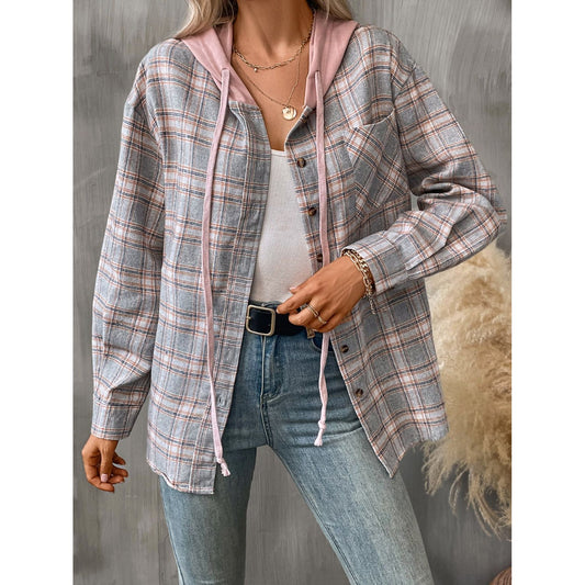 Plaid Long Sleeve Hooded Jacket