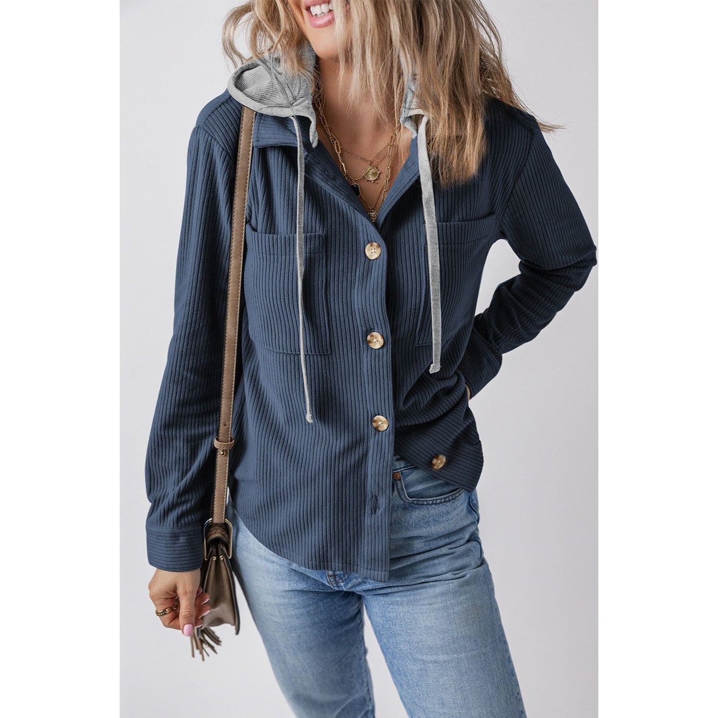 Drawstring Button Up Long Sleeve Hooded Jacket
