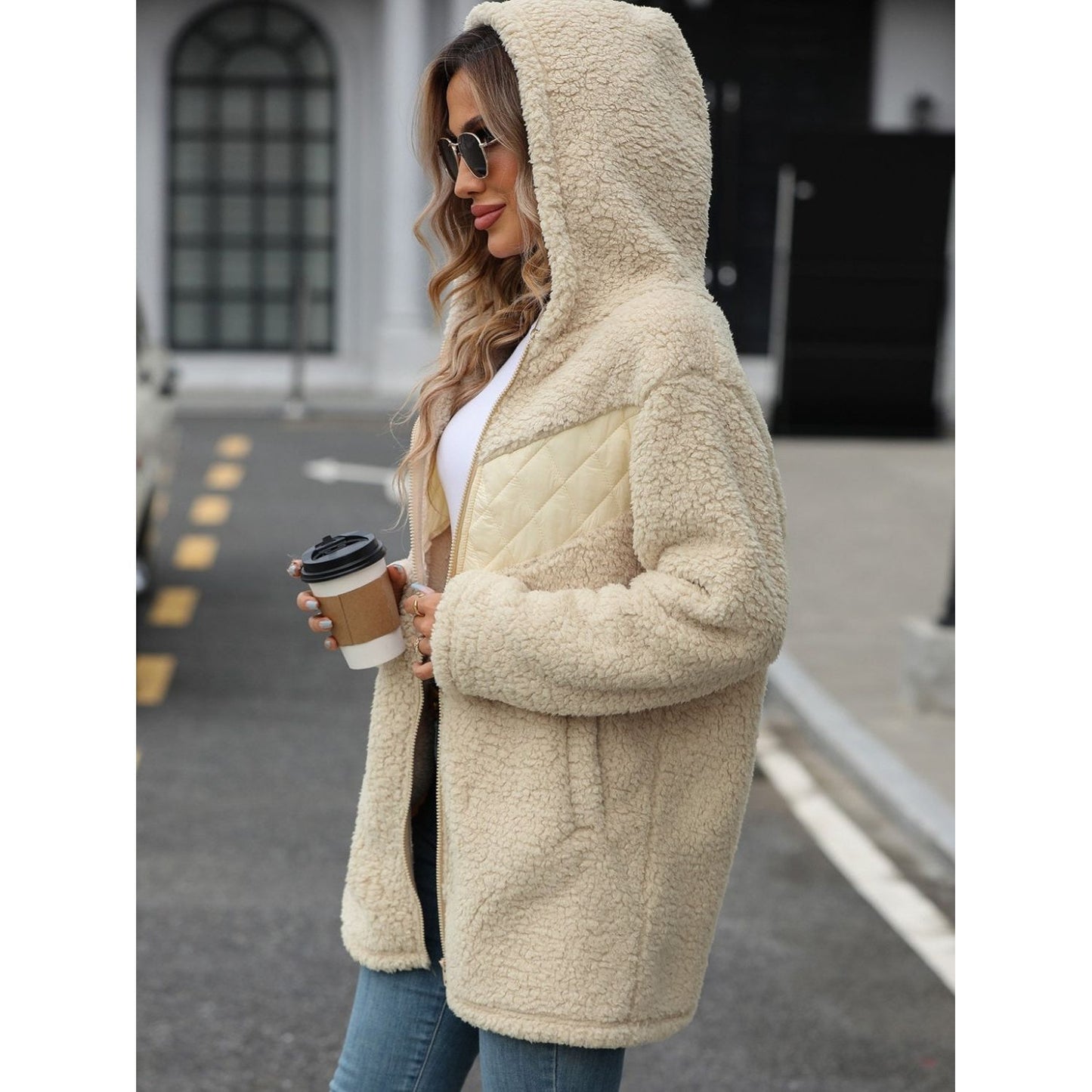 Fuzzy Zip Up Long Sleeve Hooded Jacket