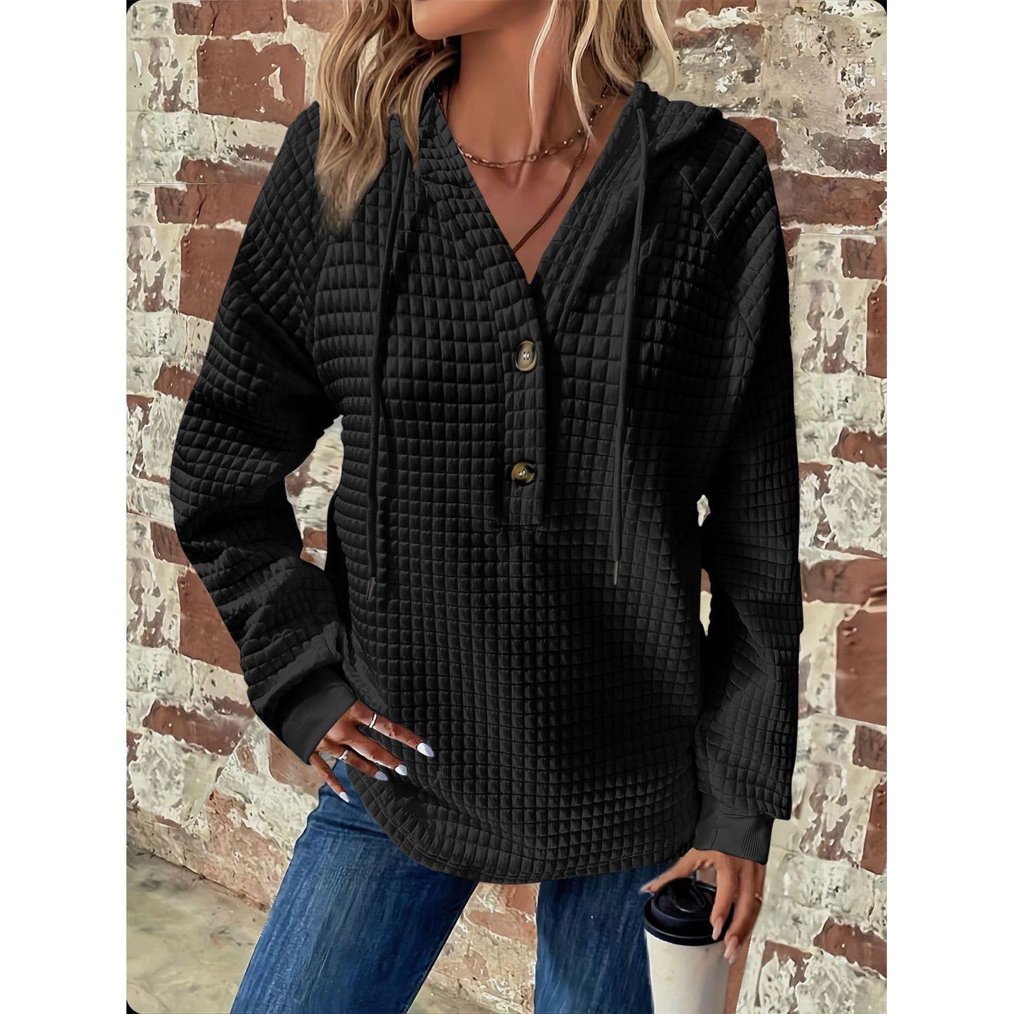 Full Size Texture Button Detail Drawstring Long Sleeve Hoodie