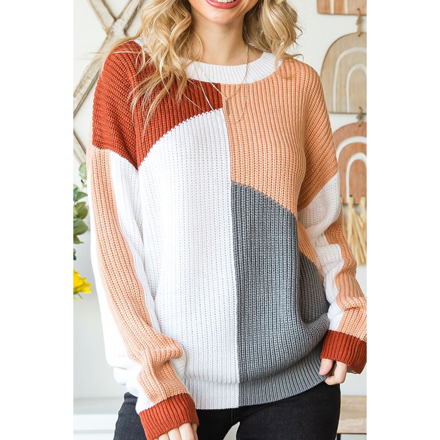 Color Block Drop Shoulder Long Sleeve Sweater