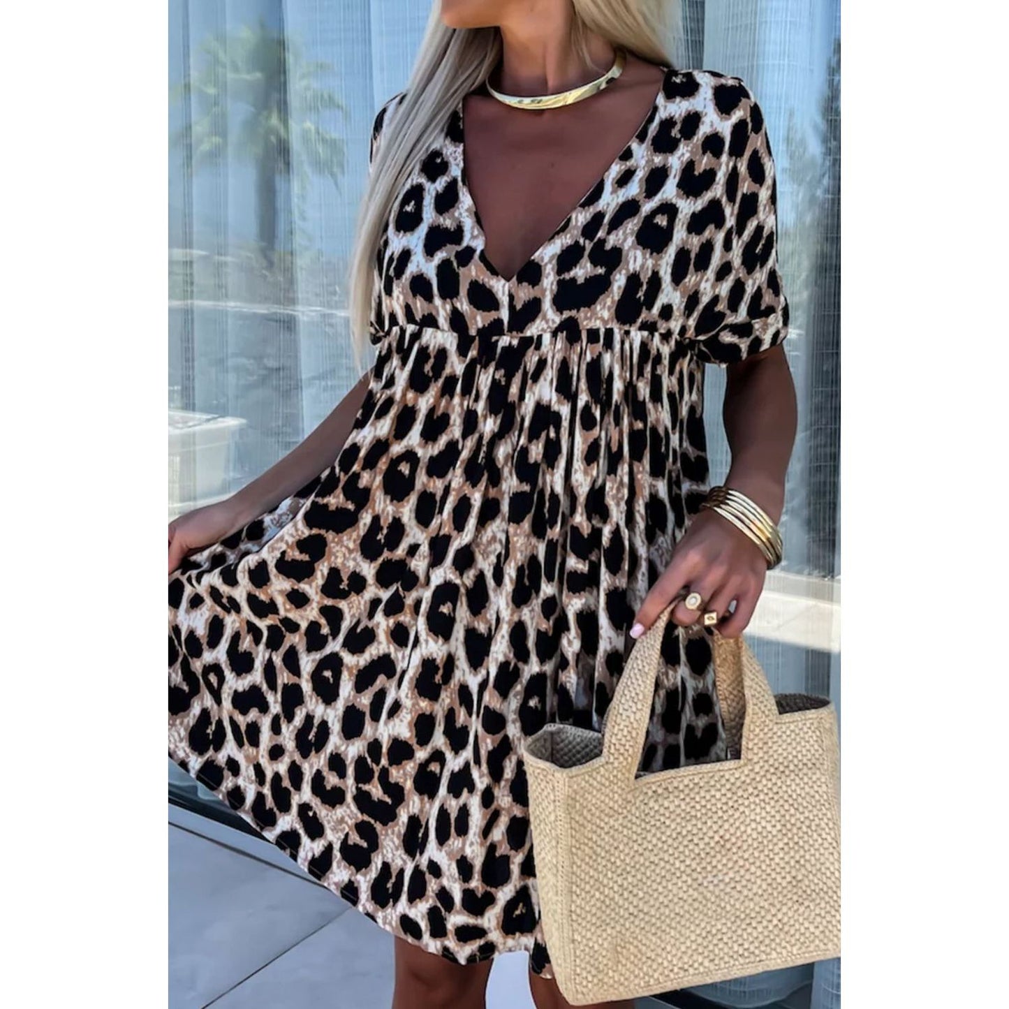 Cutout Back Leopard V-Neck Short Sleeve Mini Dress