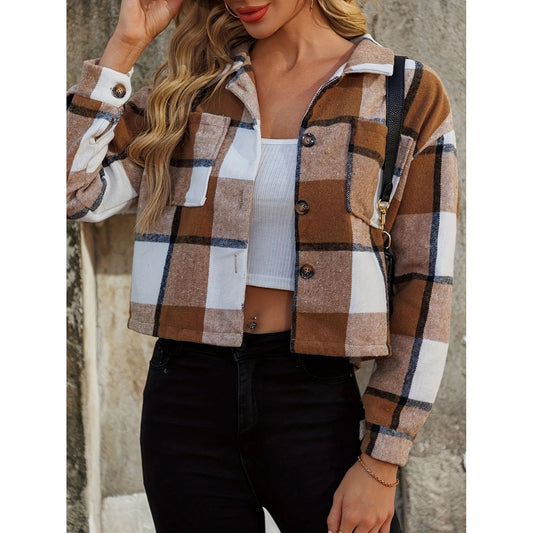Plaid Collared Neck Cropped Jacket