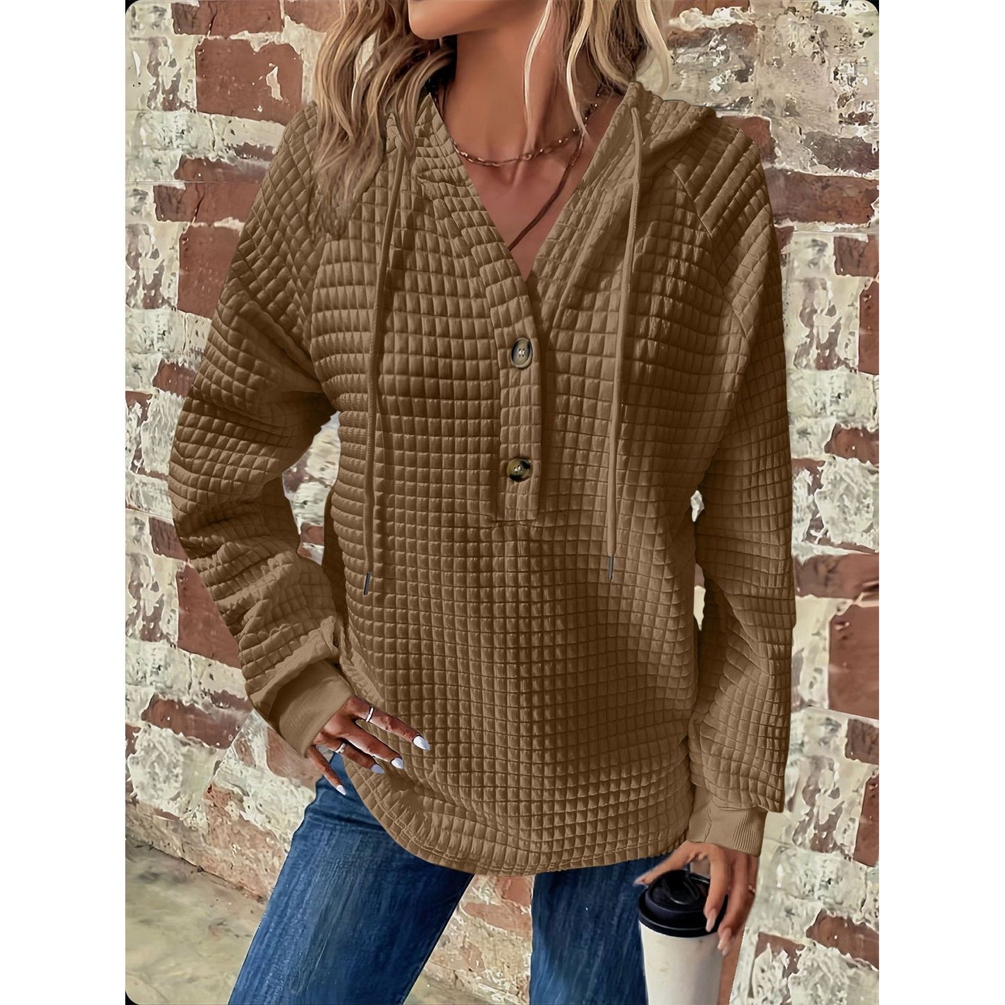 Full Size Texture Button Detail Drawstring Long Sleeve Hoodie