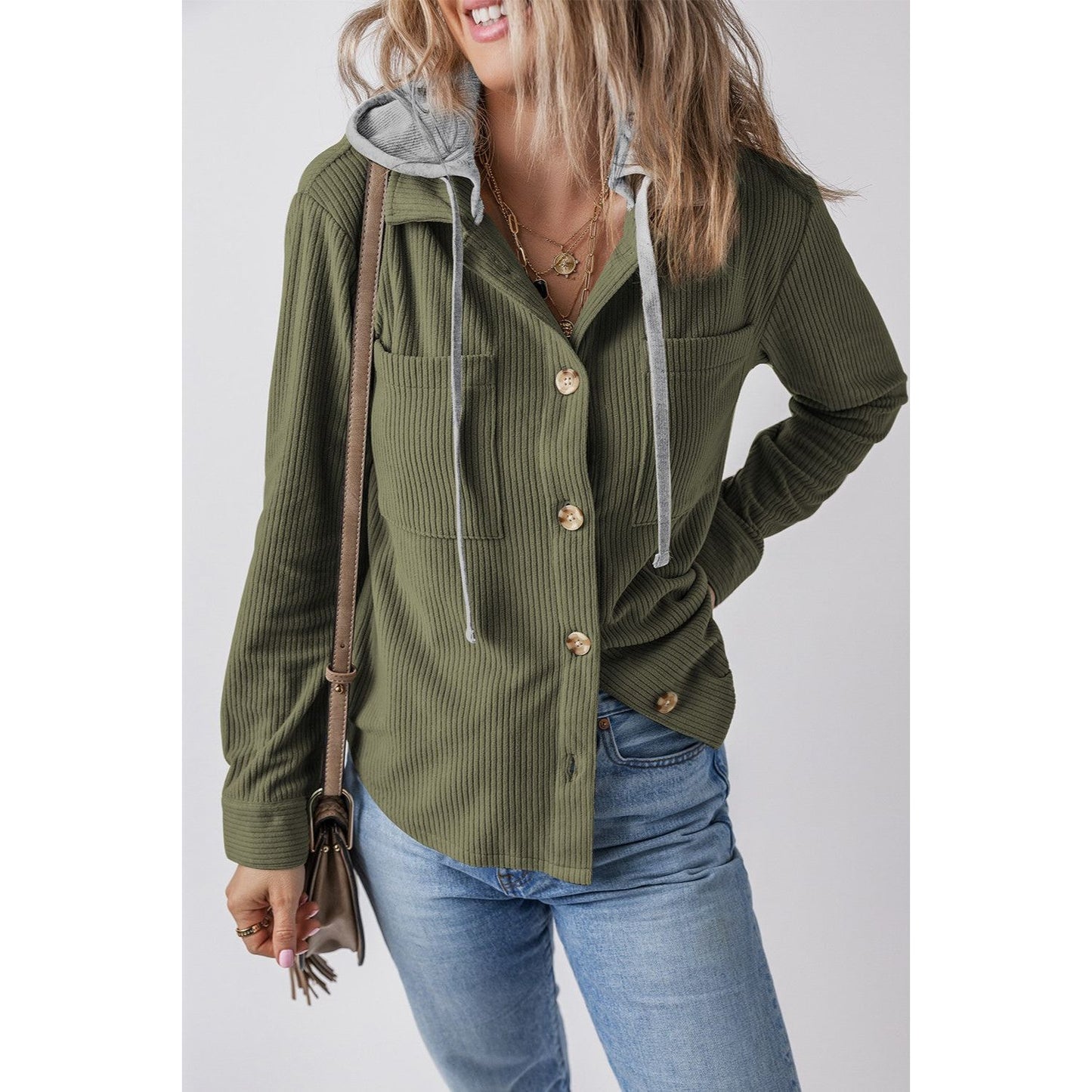 Drawstring Button Up Long Sleeve Hooded Jacket