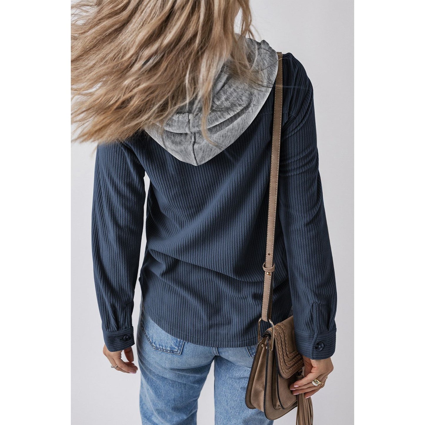 Drawstring Button Up Long Sleeve Hooded Jacket