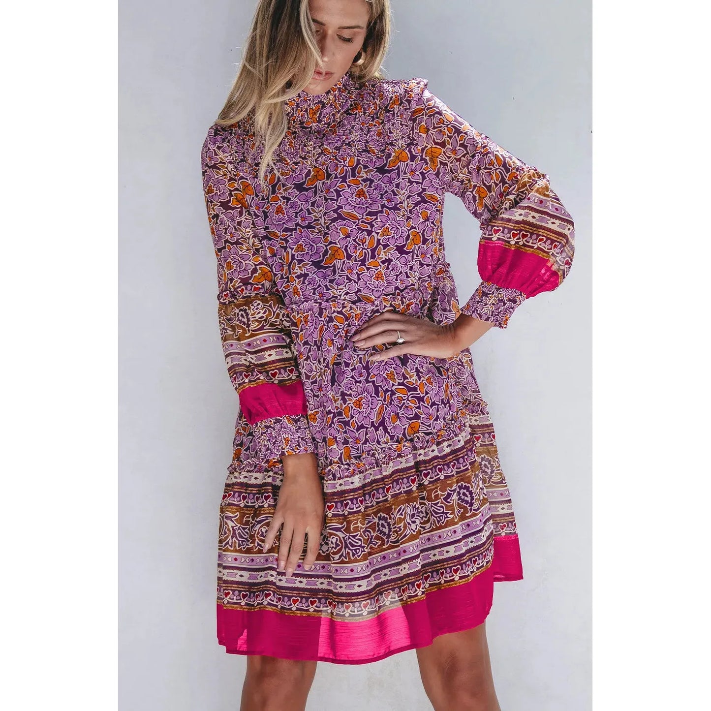 Smocked Floral Turtleneck Long Sleeve Dress