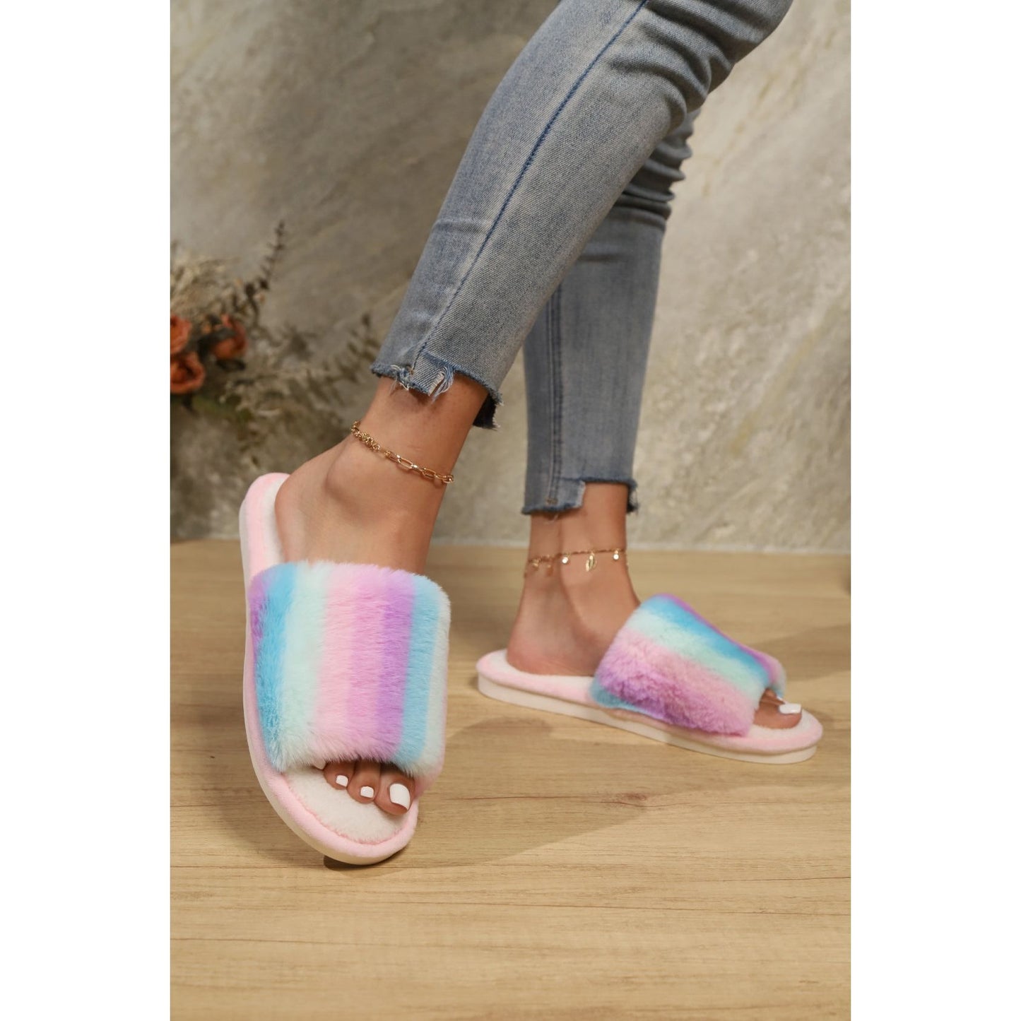 Color Block Open Toe Faux Fur PVC Slippers