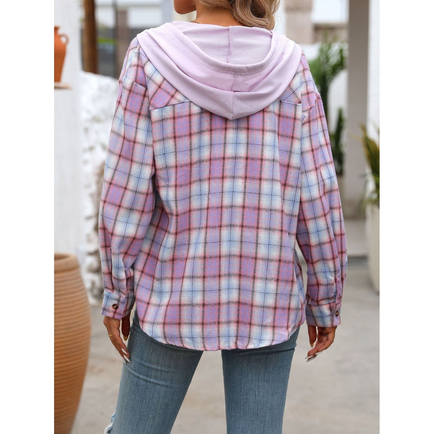 Plaid Long Sleeve Hooded Jacket
