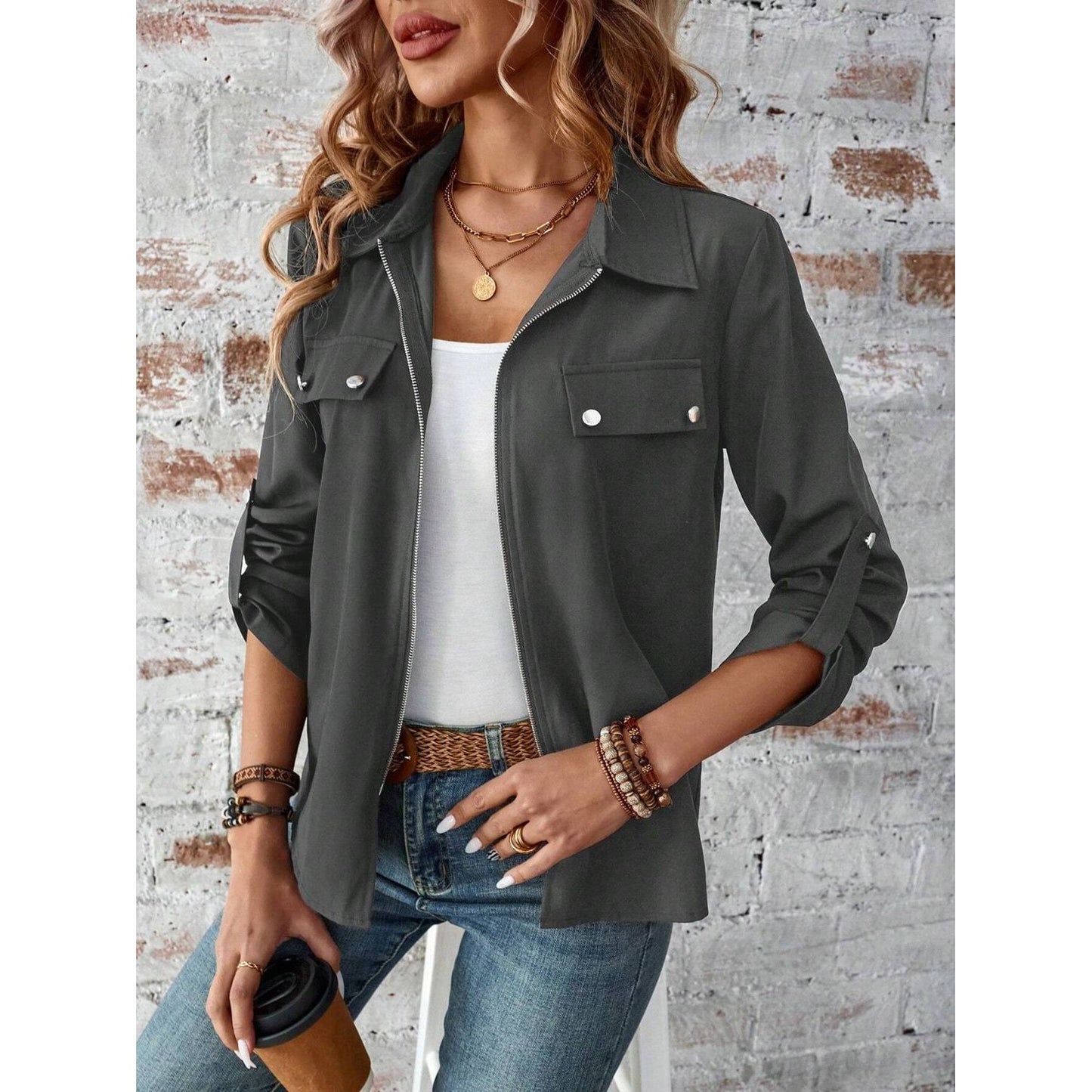 Zip Up Collared Neck Roll-Tab Sleeve Jacket