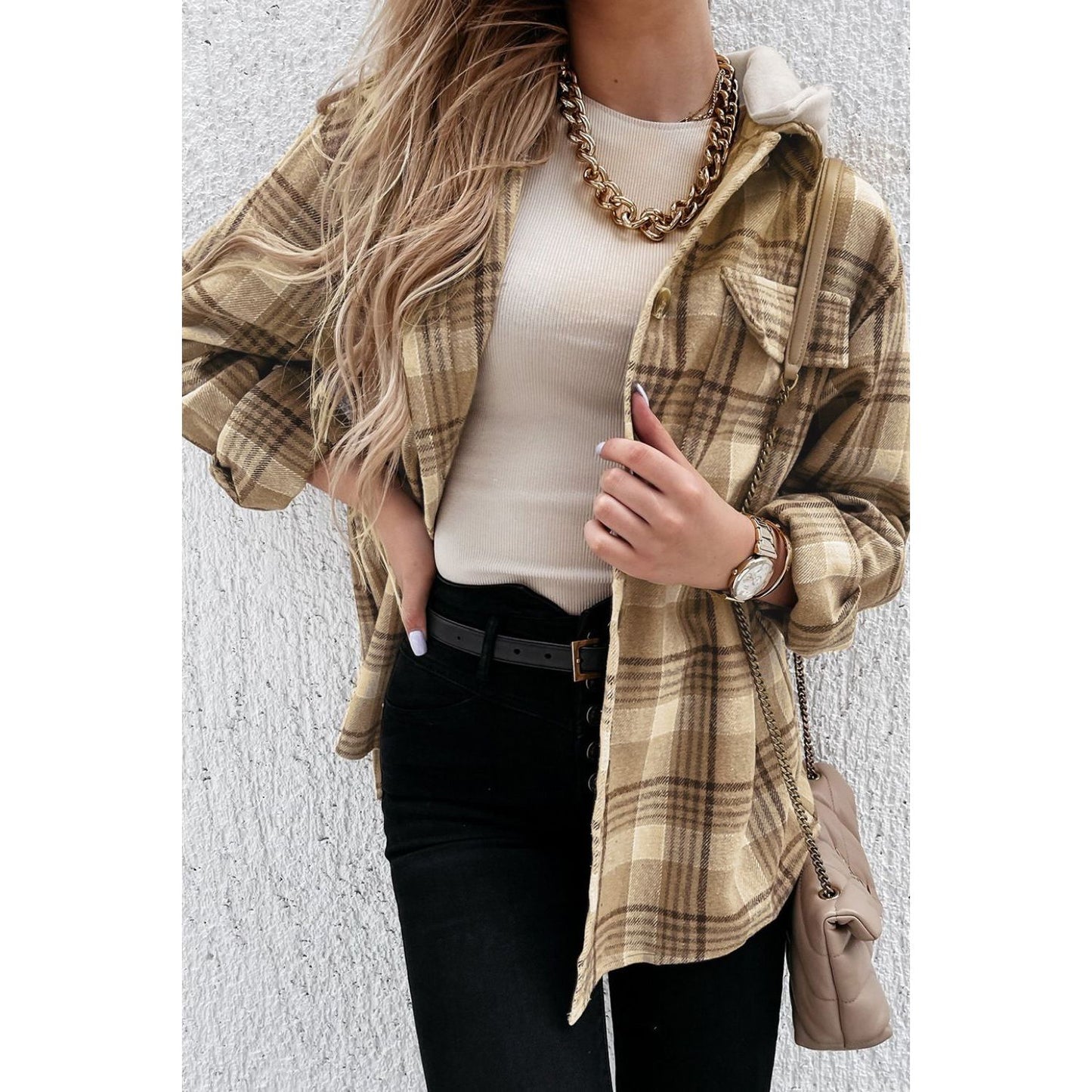 Plaid Button Up Long Sleeve Hooded Jacket