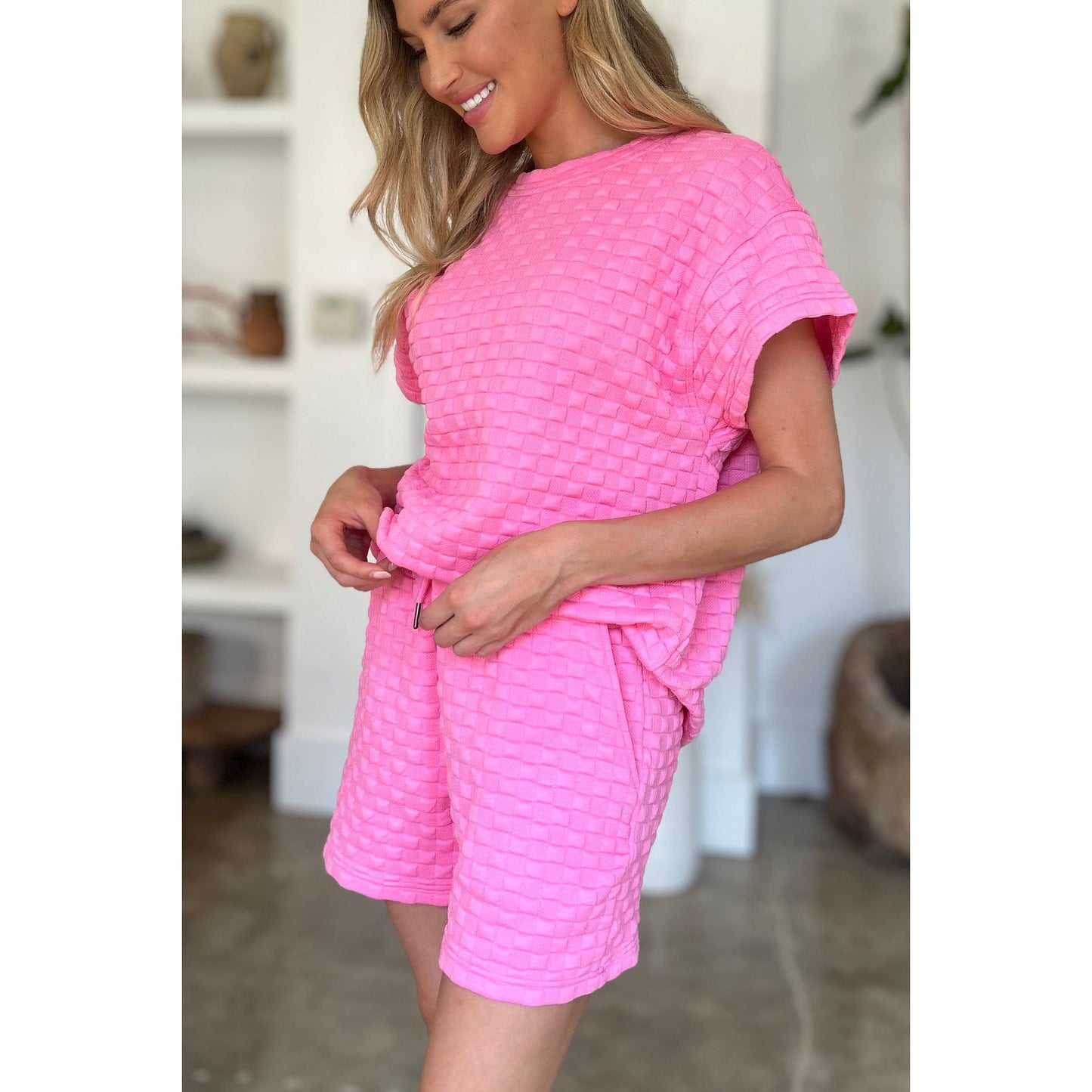 Double Take Full Size Texture T-Shirt and Shorts Set