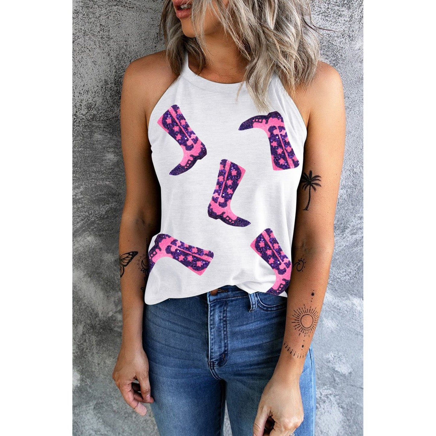 Sequin Boots Print Round Neck Tank