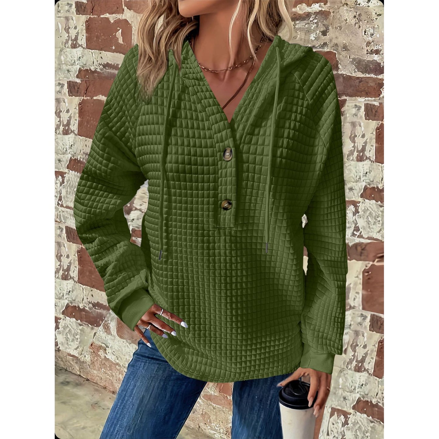 Full Size Texture Button Detail Drawstring Long Sleeve Hoodie