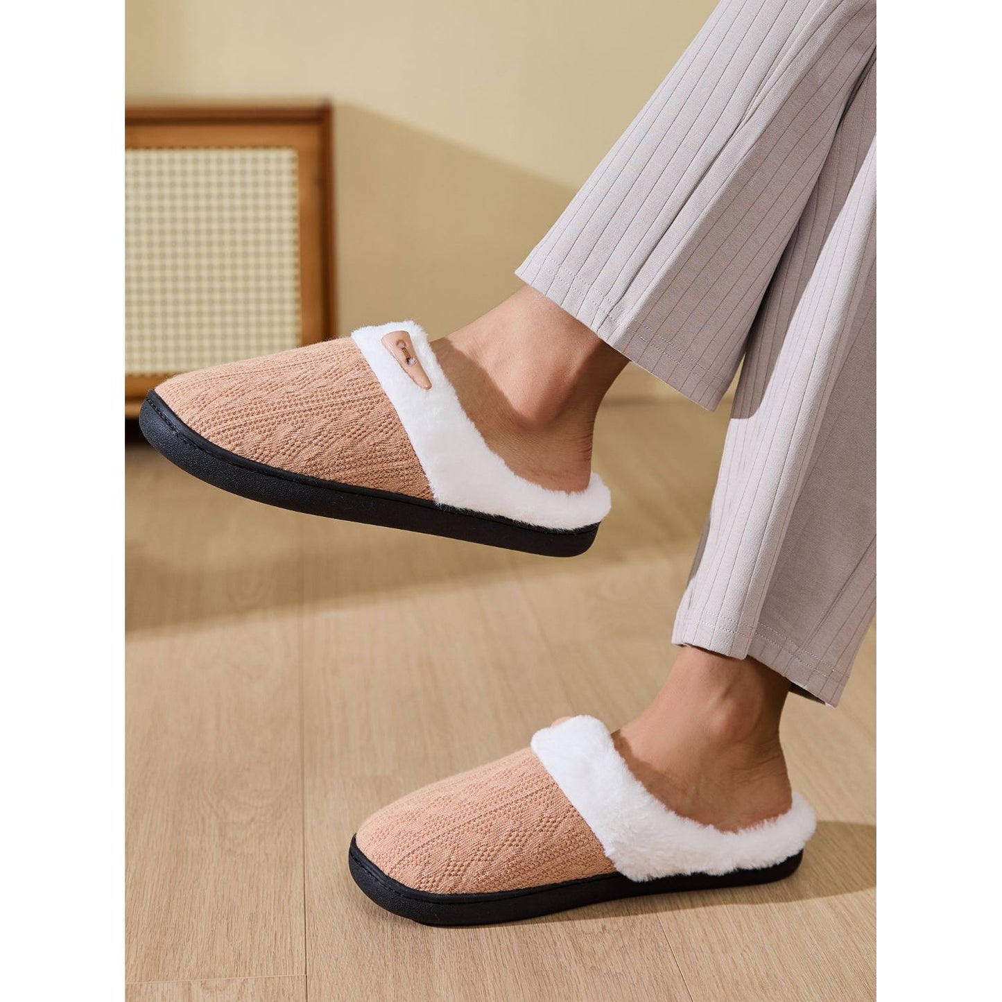 Horn Buckle Furry Texture Flat Slippers