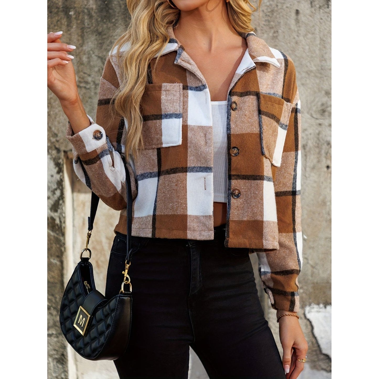 Plaid Collared Neck Cropped Jacket