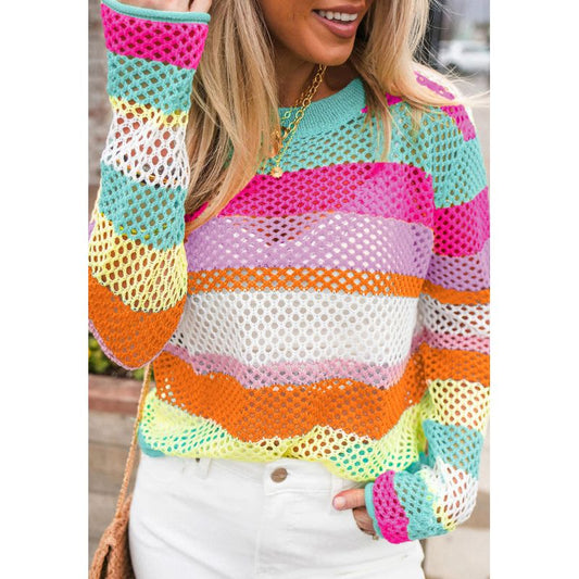 Openwork Contrast Striped Round Neck Knit Top
