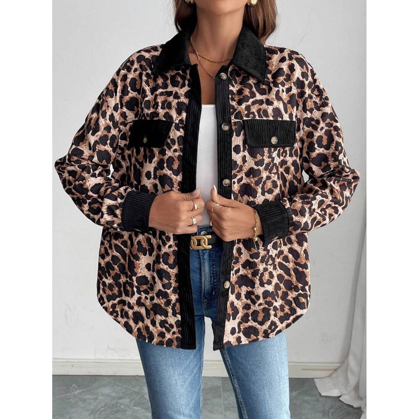 Leopard Collared Neck Button Up Shacket